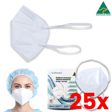 25 X Box of 10 Softmed N95 P2 Respirator Masks Head Loop Level 3 Individually Wrapped Australian Made