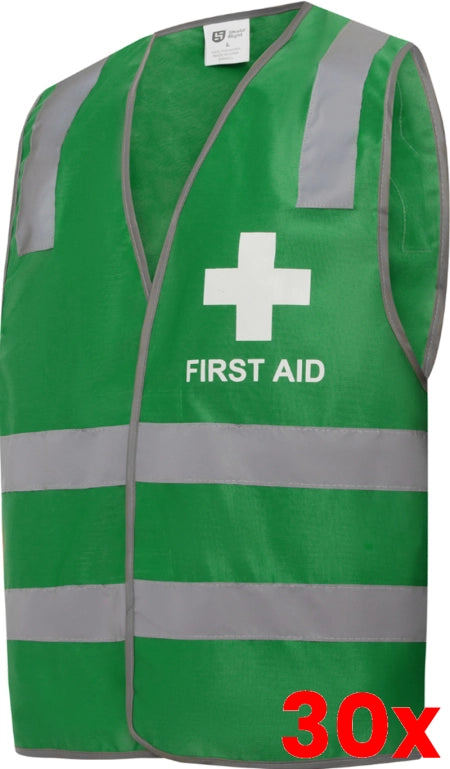 30 X Shield Right Hi Vis Reflective First Aid Green Tricot Vest - Large