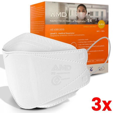 3 X Box of 50 AMD P2 N95 4PLY Nano-tech Flatfold Medical Face Mask Ear Loops Individually Wrapped  Australian Made