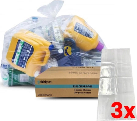 3 X Carton of 200 120L Clear Bin Liners - 32 Micron LDPE (Super Strength)