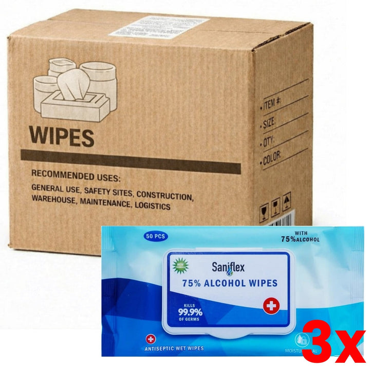 3 X Carton of 42 Saniflex Sanitary Wipes 75% Alcohol (Packs of 50)