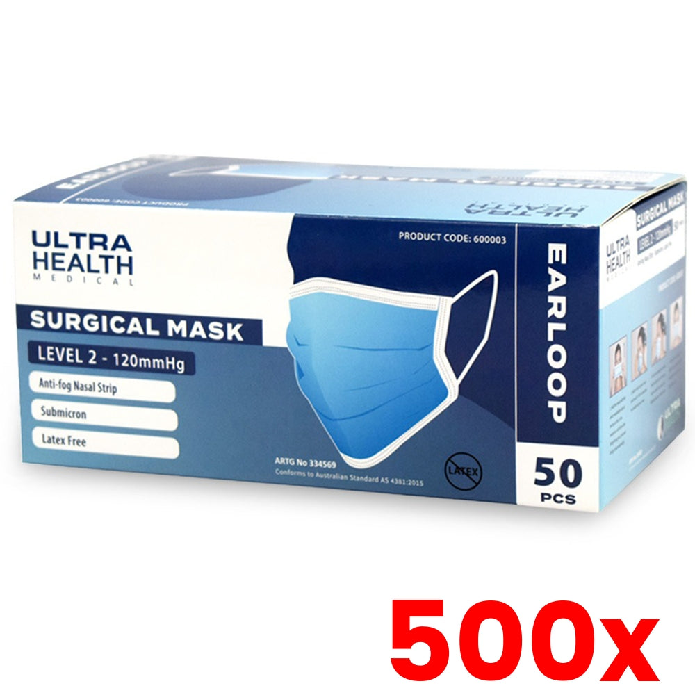 500 X 3ply Ultra Health Surgical Level 2 Face Masks Ear Loops - TGA Approved - Box of 50