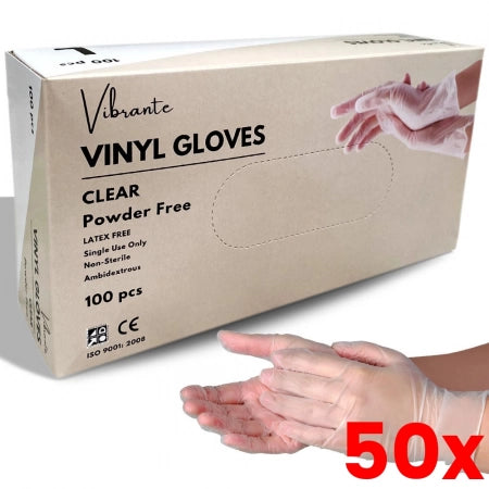 50 X 100pcs Vibrante Medium Vinyl Powder free Gloves Clear