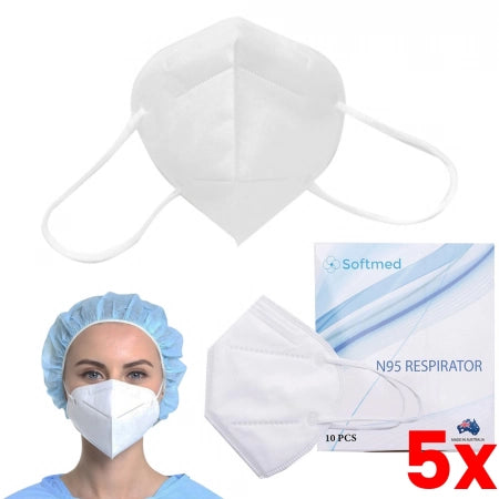 5 X Box of 10 Softmed N95 P2 Respirator Masks Individually Wrapped Ear Loop Level 2 Australian made (10-Pack)