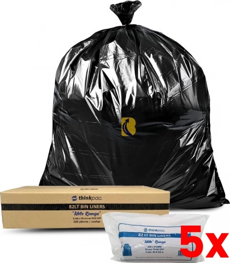 5 X Carton of 250 Roll 82L Black Bin Liners - Able 20 micron (Medium Strength)