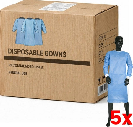 5 X Carton of 50 SMS Disposable Clinical Surgical Sterile Gowns Knitted Elastic Cuff Level 3 - Large