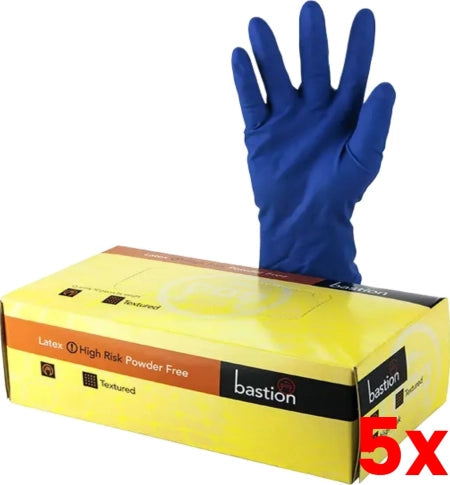 5 X Box of 50 Bastion Latex Powder Free High Risk Textured - Medium