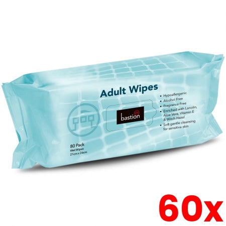 60 X Bastion Adult Wipes Body Cleaning Wipes Non-Alcohol Aloe Vera 40gsm