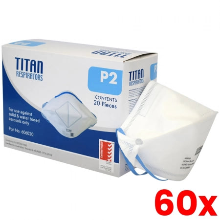 60 X Ultra Health Titan Flat Fold P2 Disposable Respirator Mask NIOSH N95 Duckbill TGA Approved - Box/20