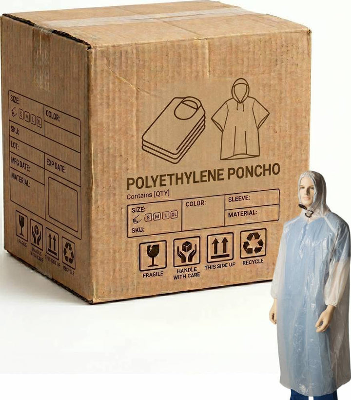 Carton of 200 Clear Polyethylene Poncho with Hood One Size Fits Al