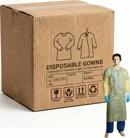 Carton of 100 Yellow PP PE Fluid Resistant Clinical Gown One Size Fits All