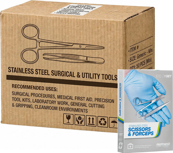 Carton of 10 FastAid E10 Instrument Set 12.5cm Stainless Steel Scissors and Forcep